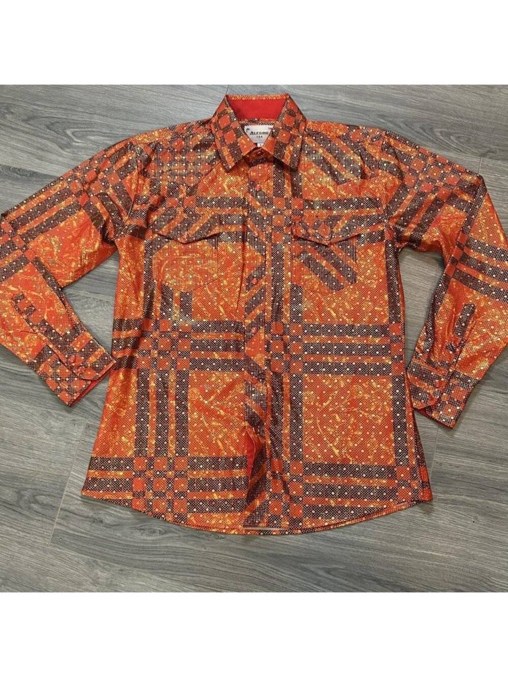 Ace Of Diamond Shirt Mens Small Orange Western Pearl Snap Geometric Metallic USA
